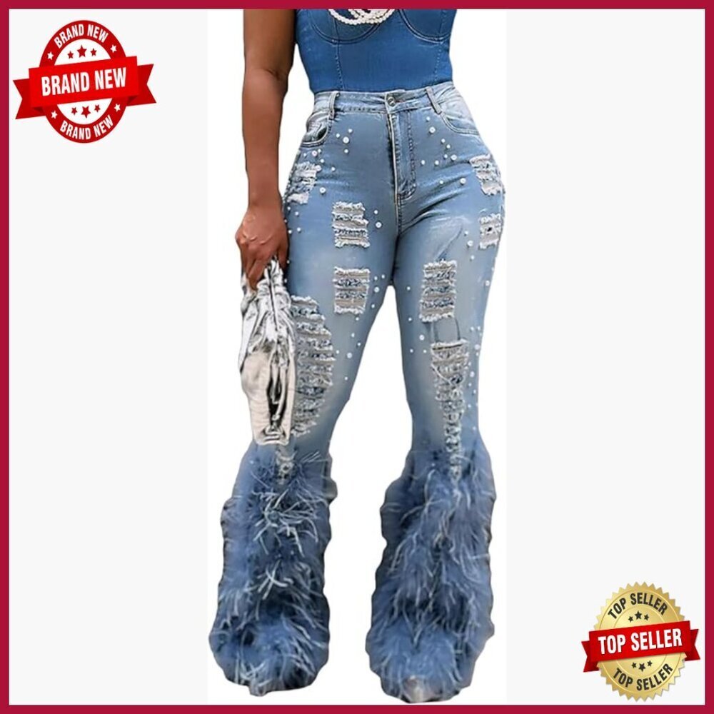 High Waist Flare Ripped Jeans Stretchy Denim Bell Bottom Distressed